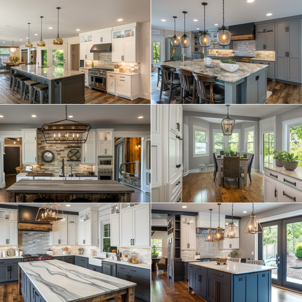 Collage of stylish, modern kitchen interiors with elegant design details.