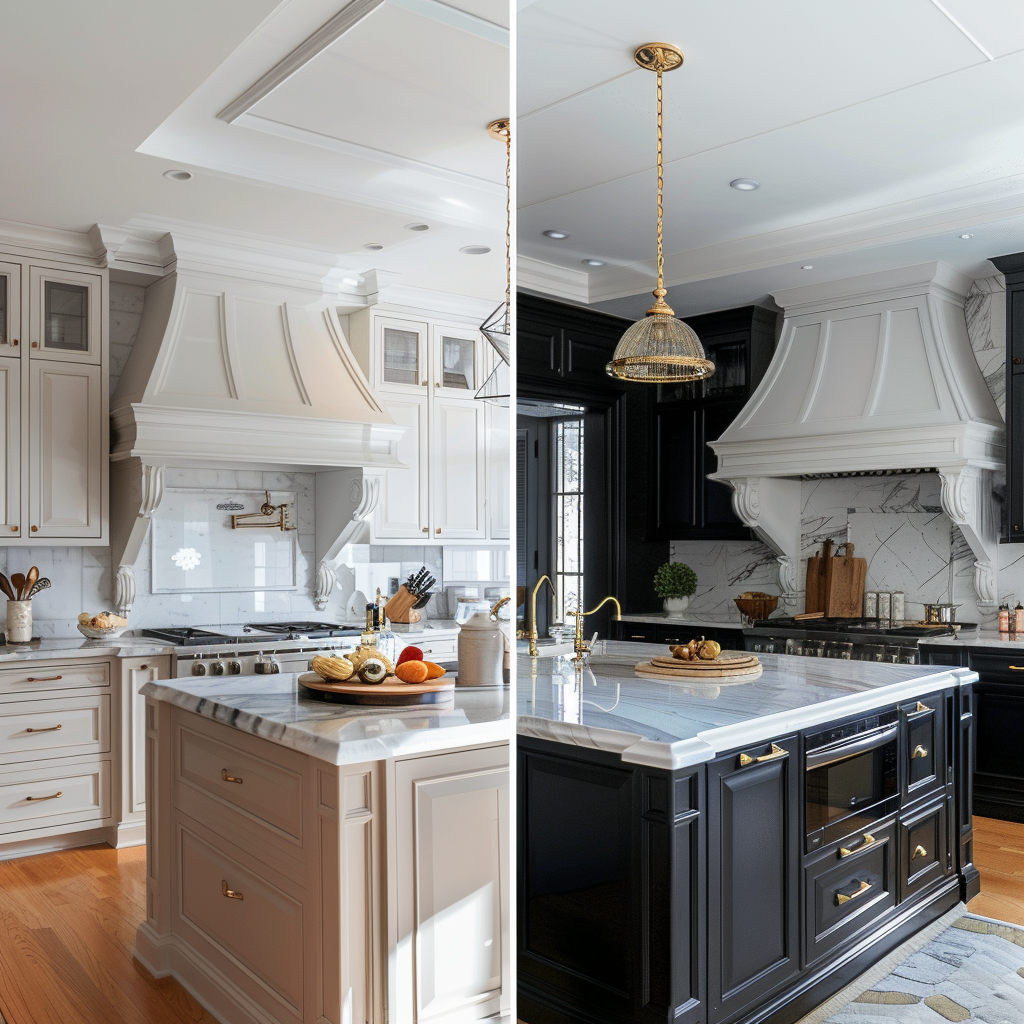 Elegant white and black contrasting kitchen interiors.